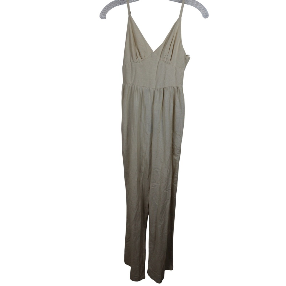 Japna Womens Linen Blend Wide Leg Jumpsuit Oatmeal Beige V-Neck Tie Back XS NEW